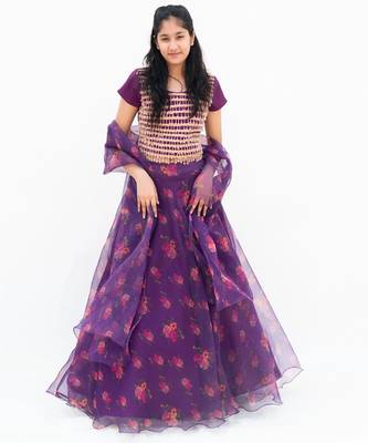 Purple organza printed lehenga for girls 3