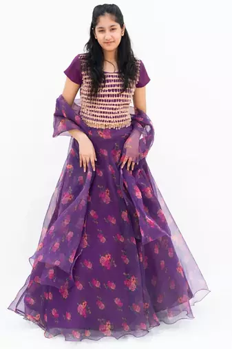 Purple organza printed lehenga for girls