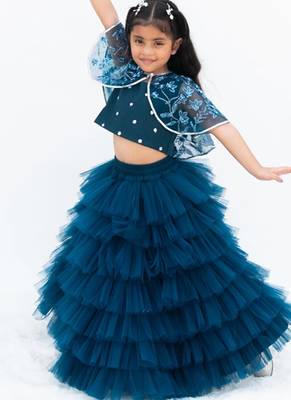 Teal blue net plain lehenga for girls 2