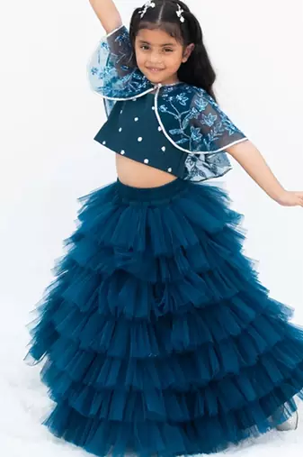 Teal blue net plain lehenga for girls