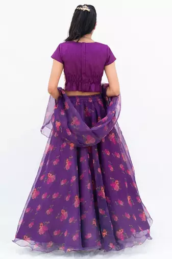 Purple organza printed lehenga for girls