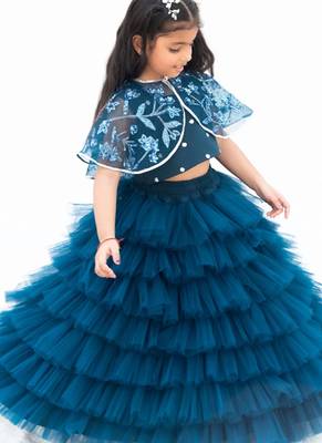 Teal blue net plain lehenga for girls 3