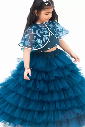 Teal blue net plain lehenga for girls