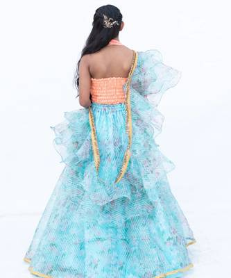 Blue organza printed lehenga for girls 2