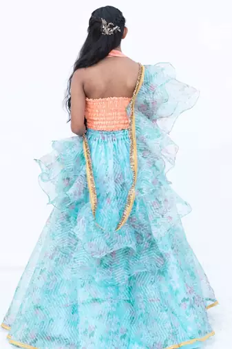 Blue organza printed lehenga for girls