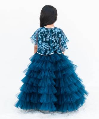 Teal blue net plain lehenga for girls 4