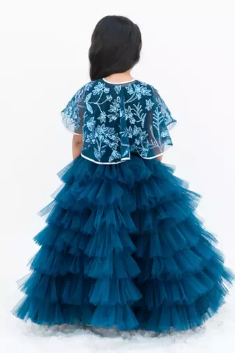 Teal blue net plain lehenga for girls