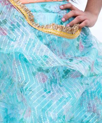 Blue organza printed lehenga for girls 3