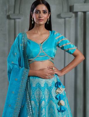 Sky Blue Viscose Tissue Embroidered Stitched Lehenga Choli With Duptta  1