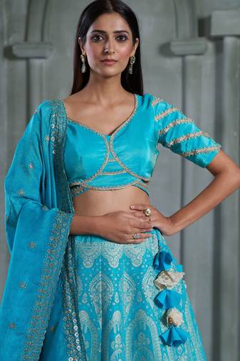 Sky Blue Viscose Tissue Embroidered Stitched Lehenga Choli With Duptta 