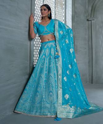 Sky Blue Viscose Tissue Embroidered Stitched Lehenga Choli With Duptta  2