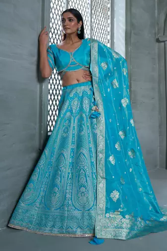 Sky Blue Viscose Tissue Embroidered Stitched Lehenga Choli With Duptta 