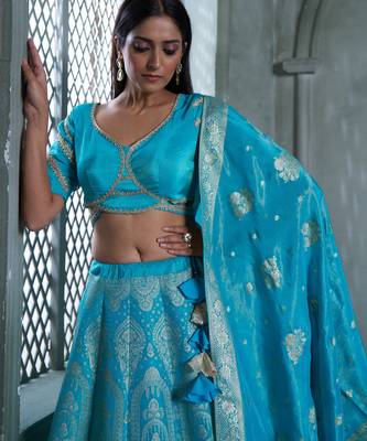 Sky Blue Viscose Tissue Embroidered Stitched Lehenga Choli With Duptta  3