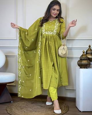Lemon Chinon Embroidery Straight Kurta with Pant And Dupatta Set 1