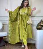 Lemon Chinon Embroidery Straight Kurta with Pant And Dupatta Set