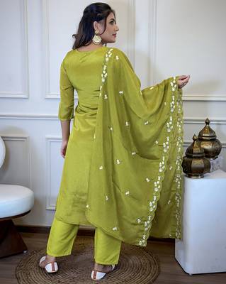 Lemon Chinon Embroidery Straight Kurta with Pant And Dupatta Set 2