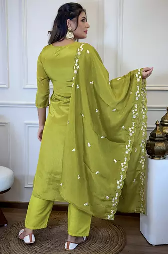 Lemon Chinon Embroidery Straight Kurta with Pant And Dupatta Set