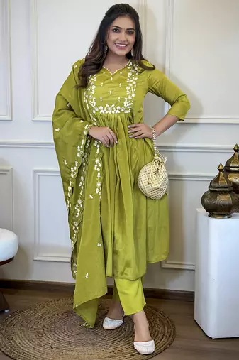 Lemon Chinon Embroidery Straight Kurta with Pant And Dupatta Set