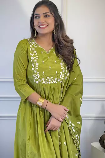 Lemon Chinon Embroidery Straight Kurta with Pant And Dupatta Set