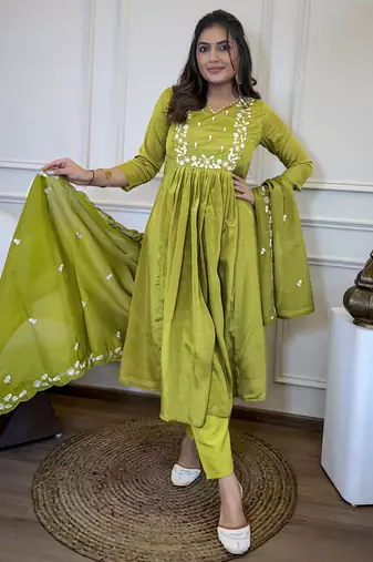 Lemon Chinon Embroidery Straight Kurta with Pant And Dupatta Set
