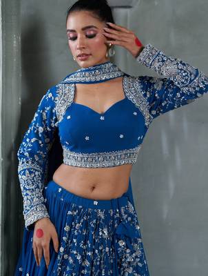 Blue Viscose Tissue Embroidered Stitched Lehenga Choli With Duptta  1