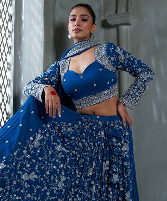 Blue Viscose Tissue Embroidered Stitched Lehenga Choli With Duptta  2