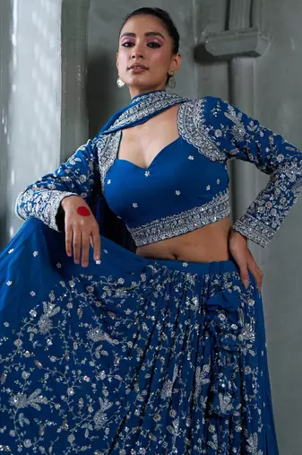 Blue Viscose Tissue Embroidered Stitched Lehenga Choli With Duptta 
