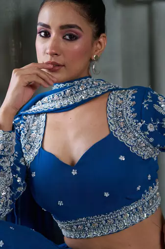 Blue Viscose Tissue Embroidered Stitched Lehenga Choli With Duptta 