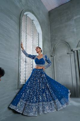 Blue Viscose Tissue Embroidered Stitched Lehenga Choli With Duptta  4