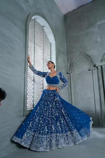 Blue Viscose Tissue Embroidered Stitched Lehenga Choli With Duptta 