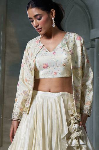 Off White Viscose Tissue Embroidered Stitched Lehenga Choli With Duptta 
