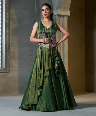 Green Viscose Tissue Embroidered Stitched Lehenga Choli With Duptta  1
