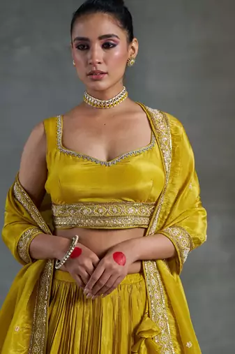 Yellow Viscose Tissue Embroidered Stitched Lehenga Choli With Duptta 