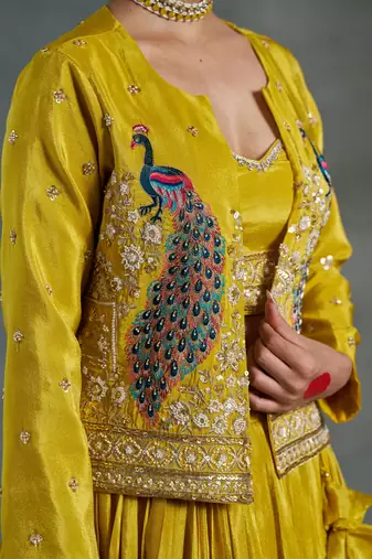 Yellow Viscose Tissue Embroidered Stitched Lehenga Choli With Duptta 