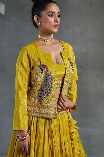 Yellow Viscose Tissue Embroidered Stitched Lehenga Choli With Duptta 