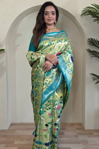 Green paithani silk blend saree with rich contrast weaving pallu and border & blouse