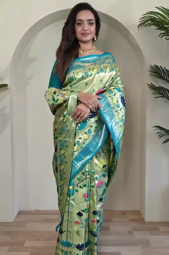 Green paithani silk blend saree with rich contrast weaving pallu and border & blouse