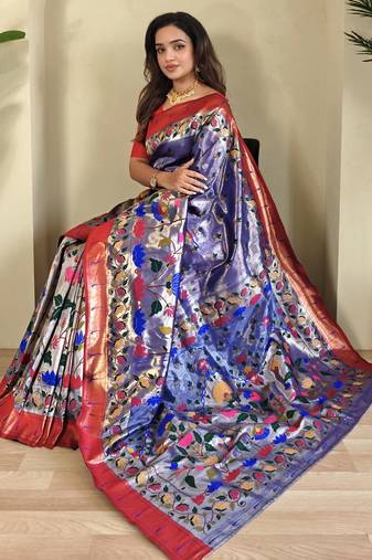 Royal blue paithani silk saree with rich contrast weaving pallu and border & blouse