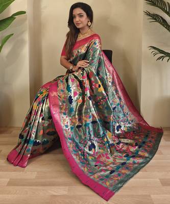 Green paithani silk saree with rich contrast weaving pallu and border & blouse 1