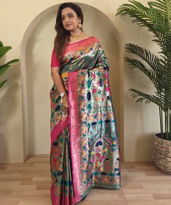 Green paithani silk saree with rich contrast weaving pallu and border & blouse 2