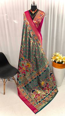 Green paithani silk saree with rich contrast weaving pallu and border & blouse 3