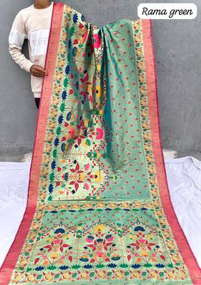 Green paithani silk saree with rich contrast weaving pallu and border & blouse 4