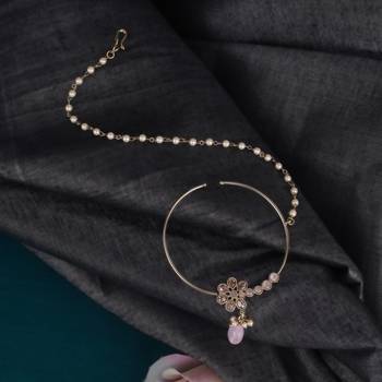 Traditional flower design crystal gold plated nose ring with chain(nathiya) 1