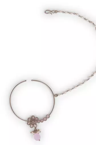 Traditional flower design crystal gold plated nose ring with chain(nathiya)