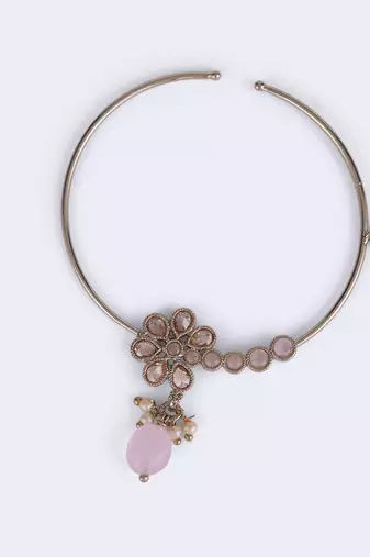 Traditional flower design crystal gold plated nose ring with chain(nathiya)