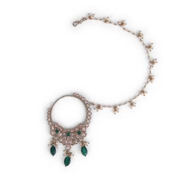 gold plated leaf shape crystal nose ring with chain (nathiya) 2