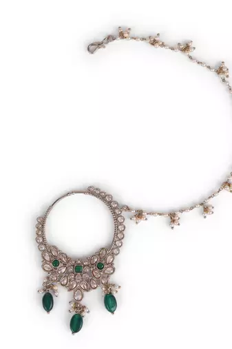 gold plated leaf shape crystal nose ring with chain (nathiya)