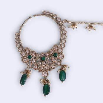 gold plated leaf shape crystal nose ring with chain (nathiya) 4