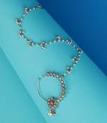 Traditional flower and oval crystal gold plated nose ring with chain(nathiya) 