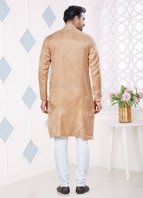 Light Brown jecquard with pintex work kurta pyjama for mens wear 3